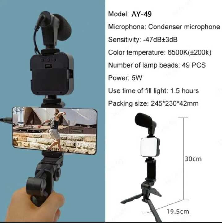 AY49 Video Vlogging Kit – Tripod, Microphone, LED Light & Phone Holder – All in One