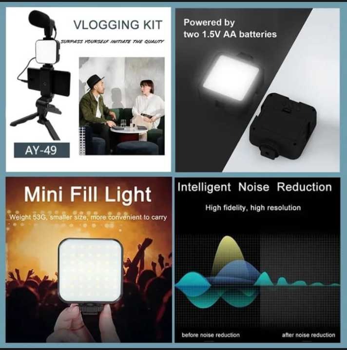 AY49 Video Vlogging Kit – Tripod, Microphone, LED Light & Phone Holder – All in One