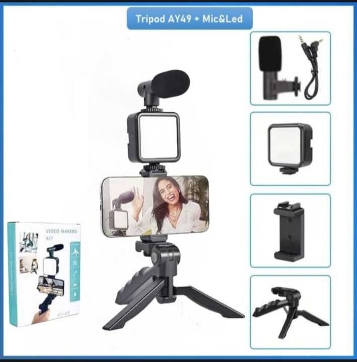 AY49 Video Vlogging Kit – Tripod, Microphone, LED Light & Phone Holder – All in One